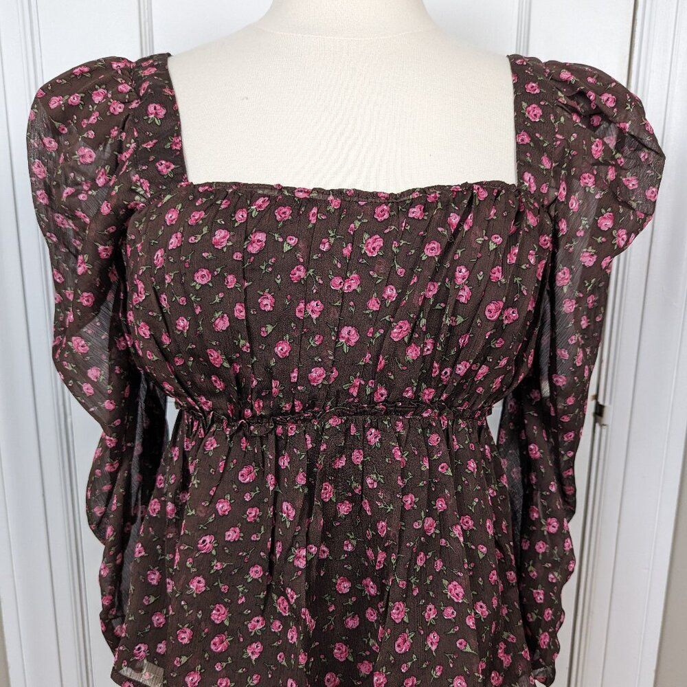 ASTR the Label Floral Print Smocked Babydoll Top in Brown Pink Ditsy - Picture 3 of 9